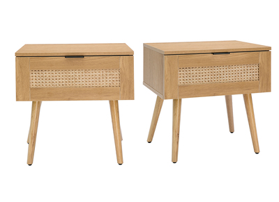 Tables de chevet finition bois clair, cannage rotin et m&eacute;tal noir (lot de 2) MANILLE