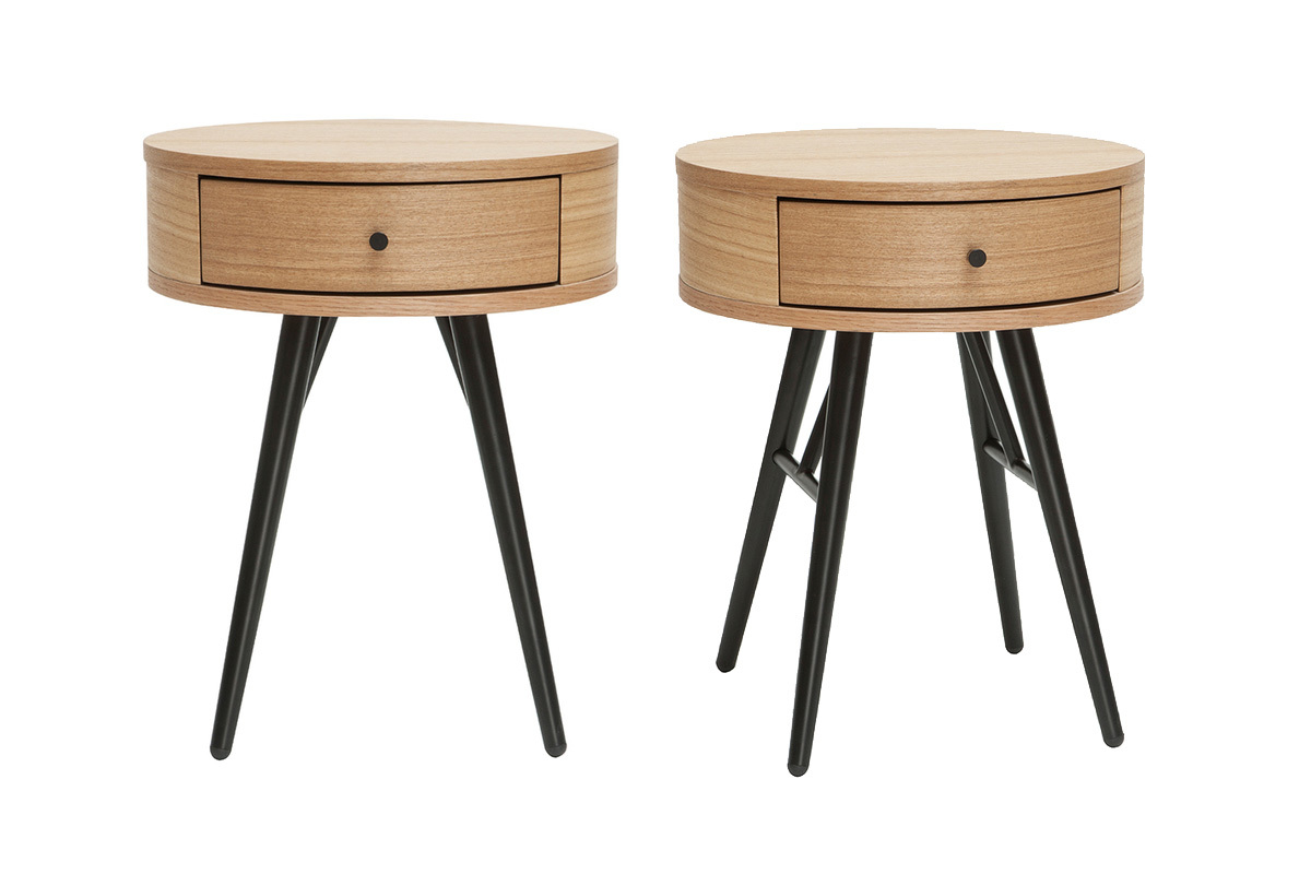 Tables de chevet rondes avec tiroir bois clair et m�tal noir (lot de 2) KORAL