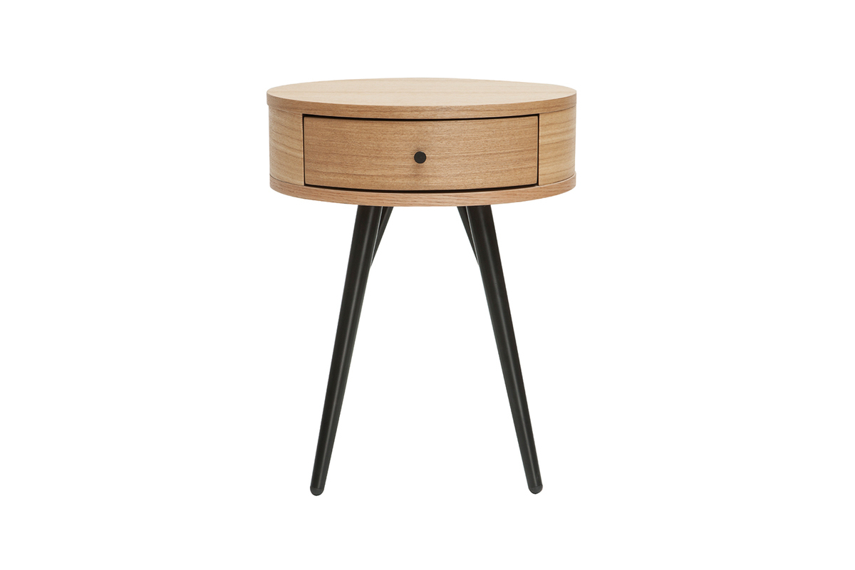 Tables de chevet rondes avec tiroir bois clair et m�tal noir (lot de 2) KORAL