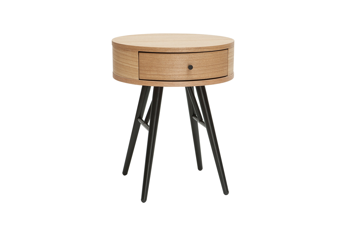 Tables de chevet rondes avec tiroir bois clair et m�tal noir (lot de 2) KORAL