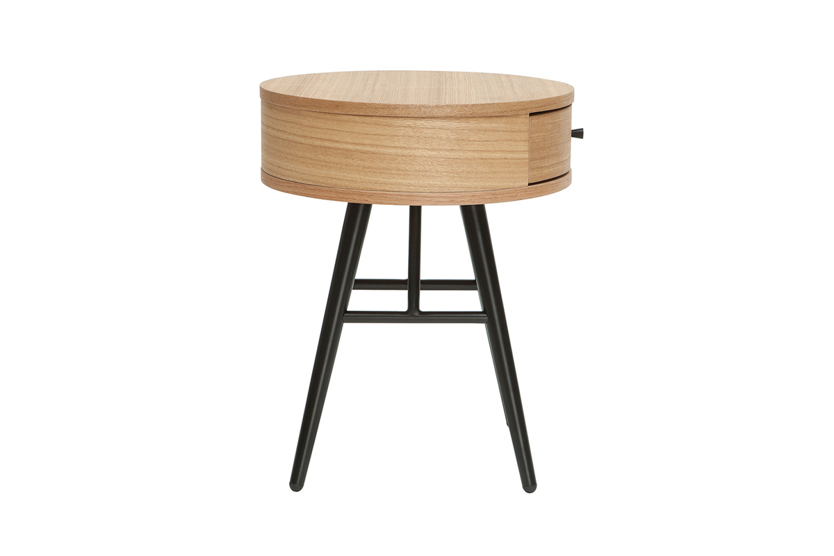 Tables de chevet rondes avec tiroir bois clair et m�tal noir (lot de 2) KORAL