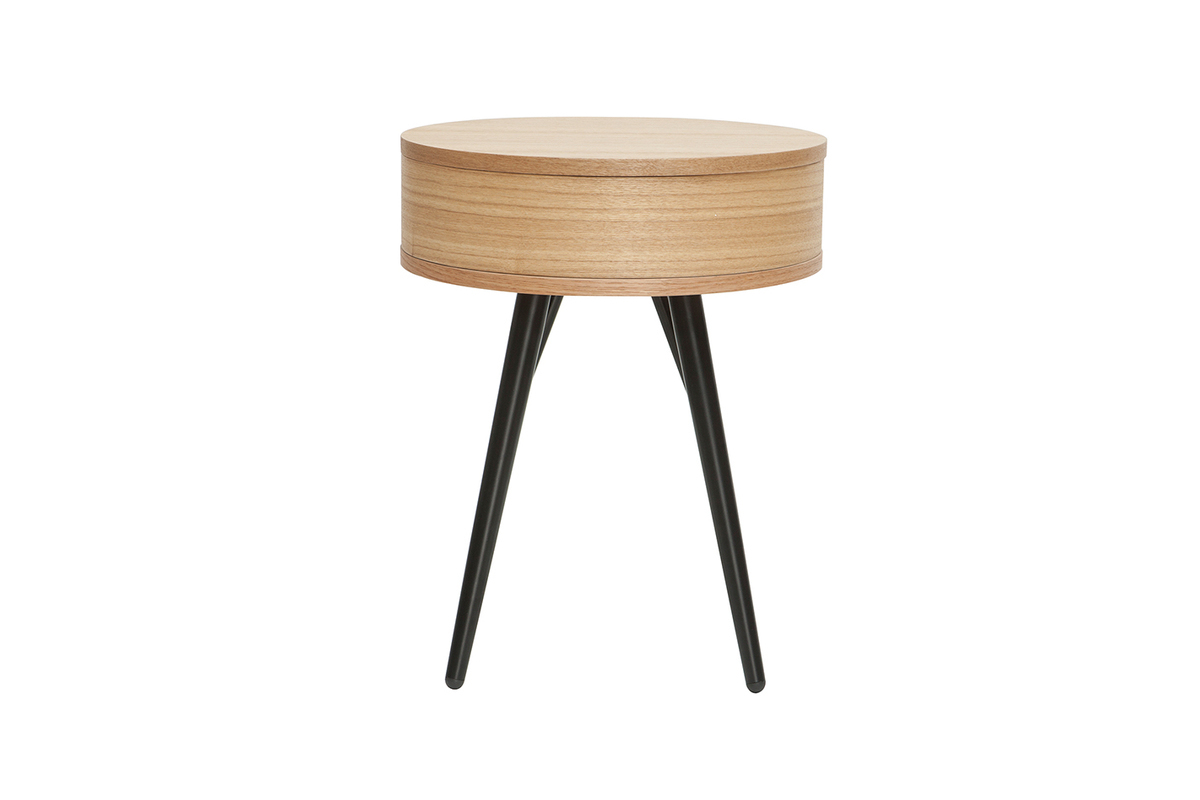Tables de chevet rondes avec tiroir bois clair et m�tal noir (lot de 2) KORAL