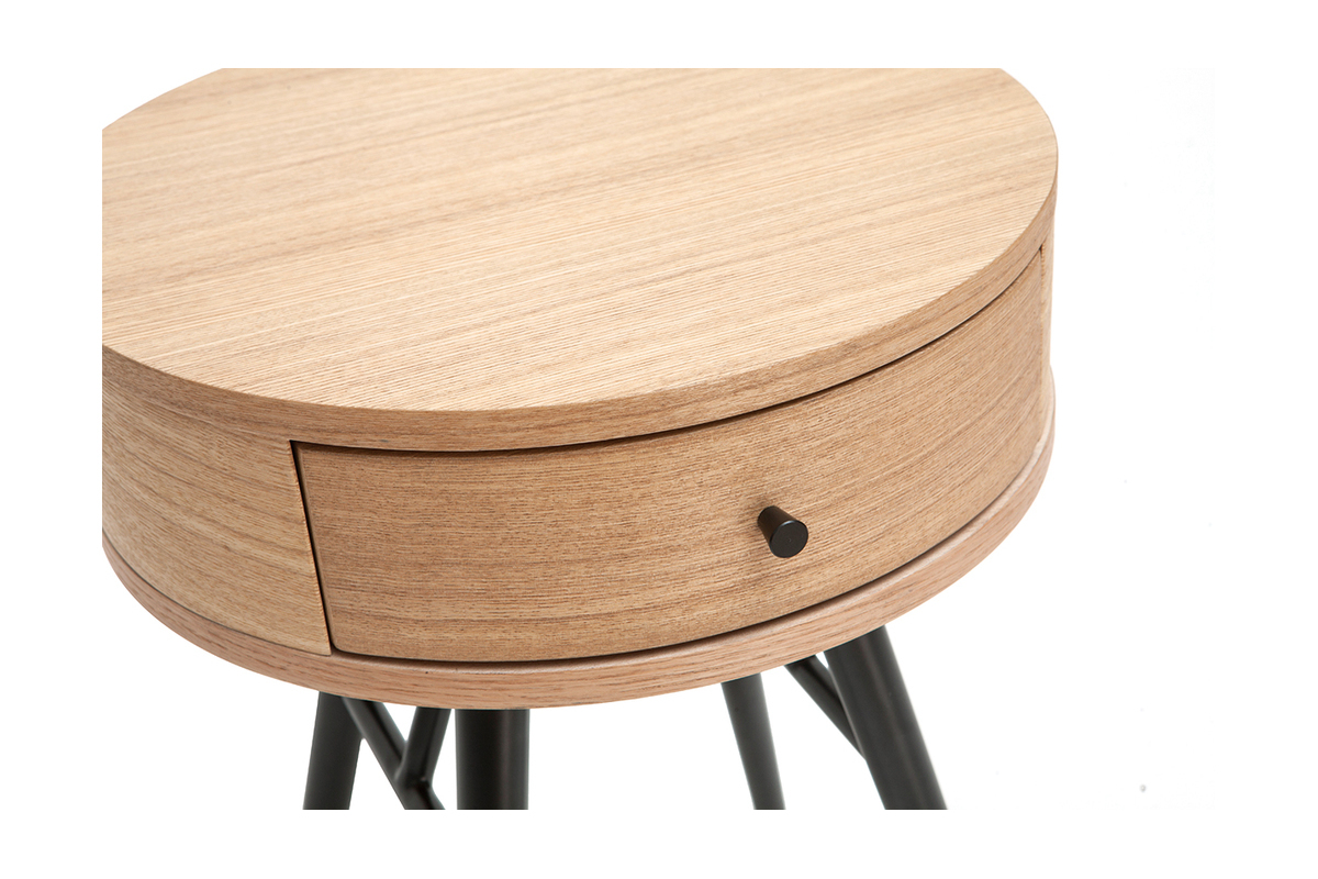 Tables de chevet rondes avec tiroir bois clair et m�tal noir (lot de 2) KORAL