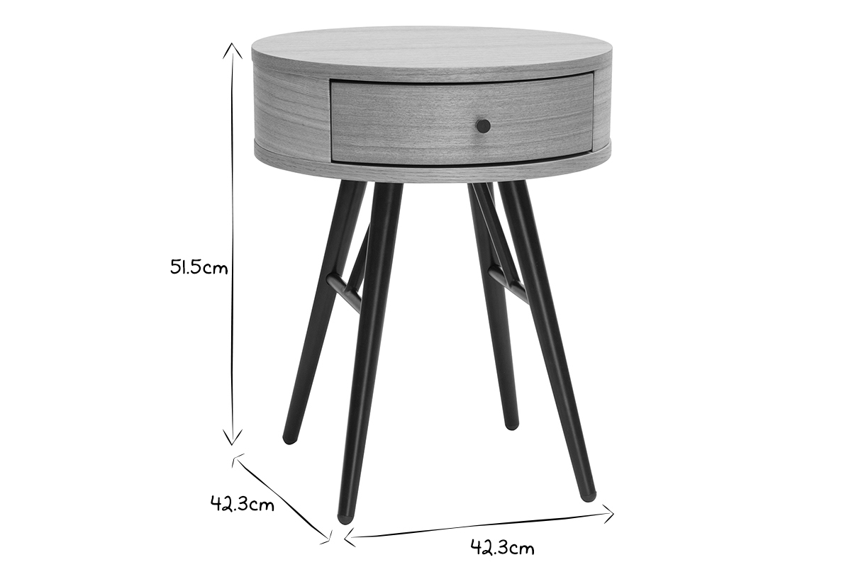 Tables de chevet rondes avec tiroir bois clair et m�tal noir (lot de 2) KORAL