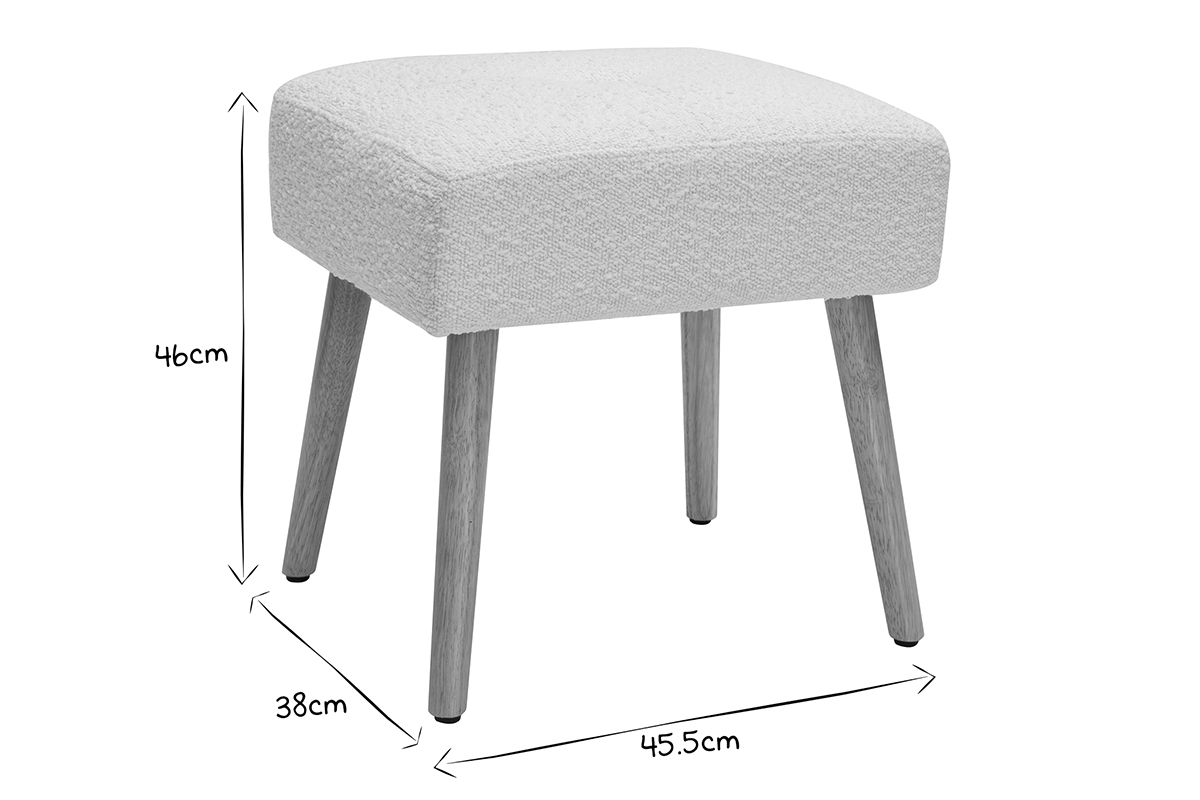 Tabouret bas en tissu effet laine boucl�e blanc et bois clair massif H46 cm GUESTA