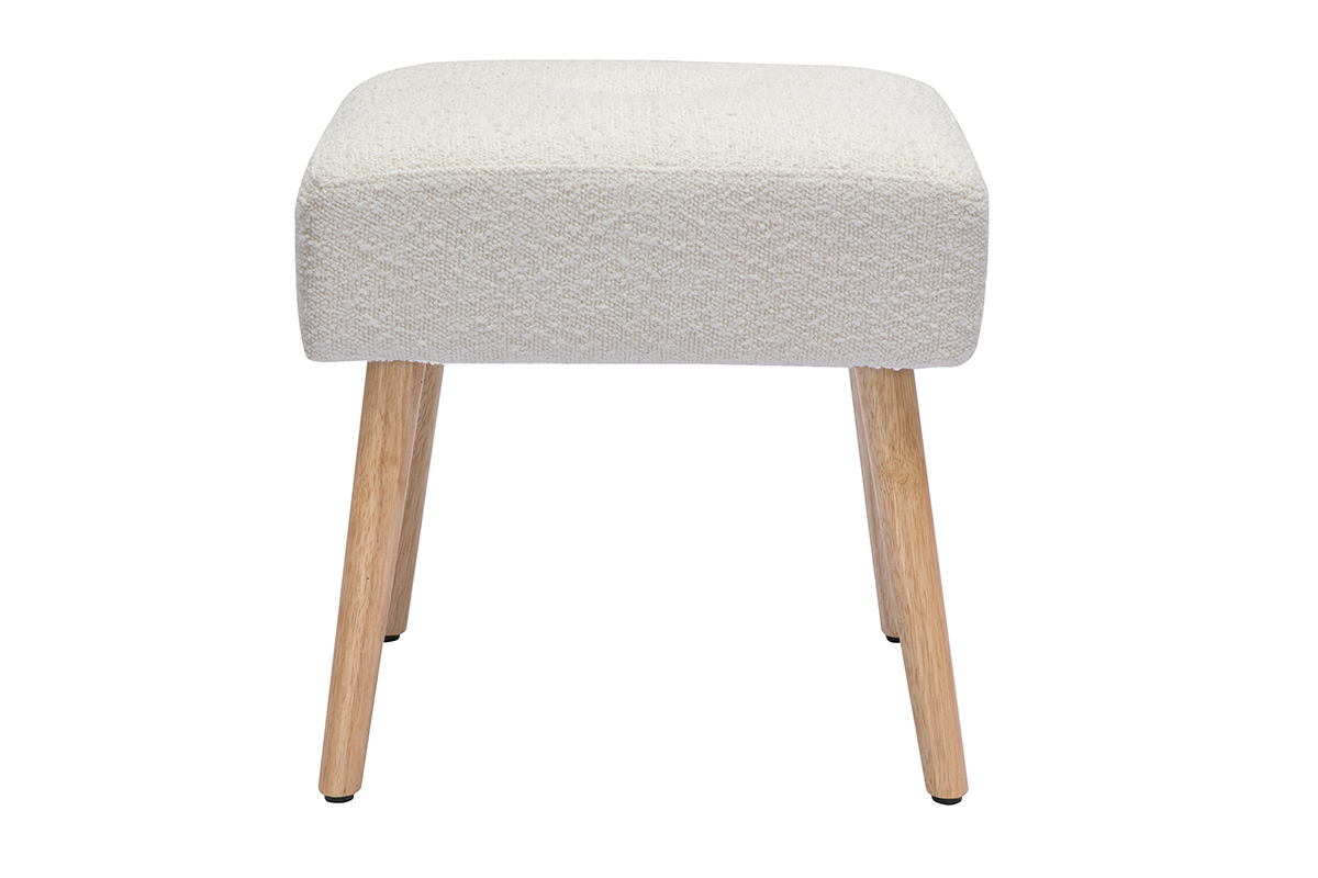 Tabouret bas en tissu effet laine boucl�e blanc et bois clair massif H46 cm GUESTA