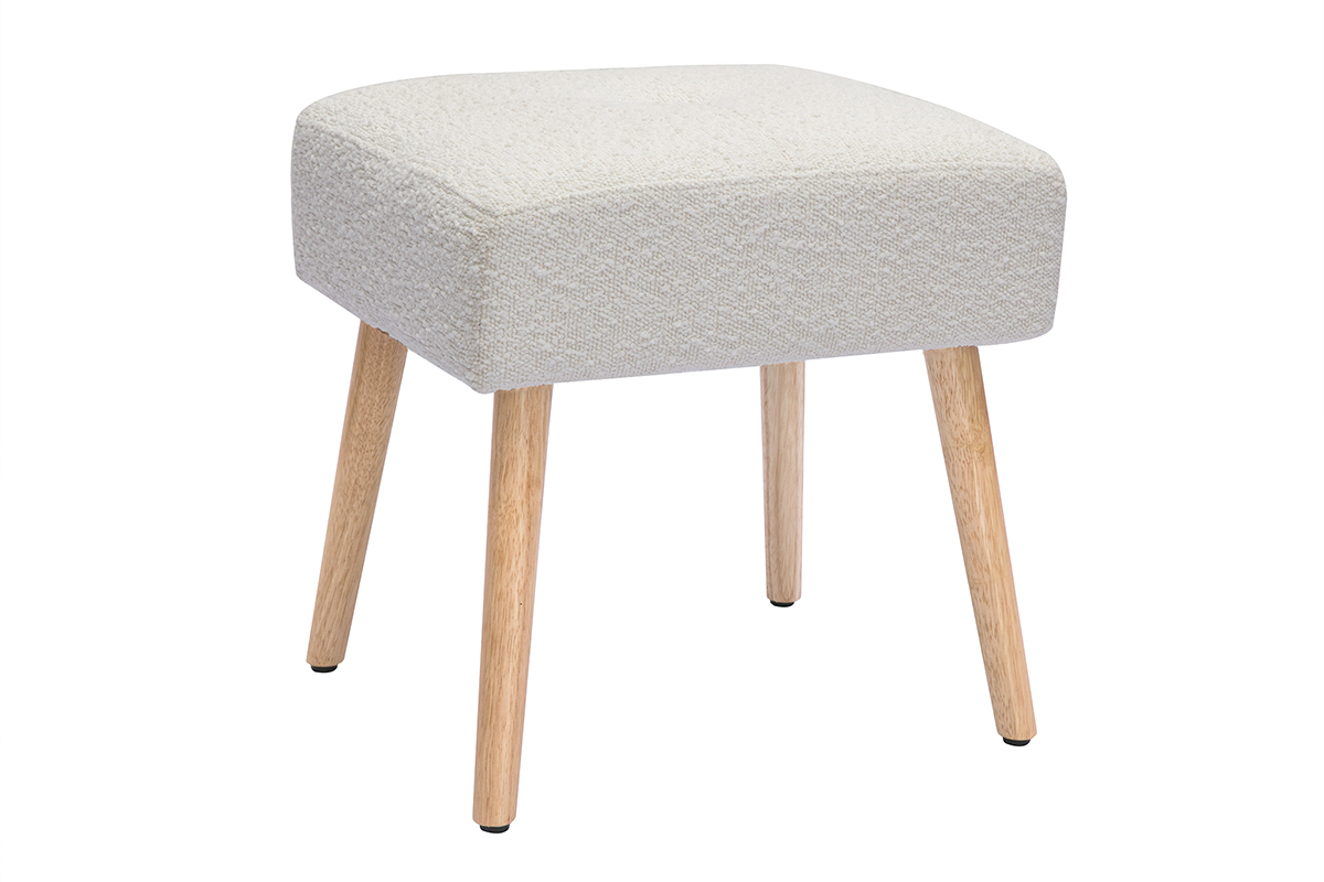 Tabouret bas en tissu effet laine boucl�e blanc et bois clair massif H46 cm GUESTA