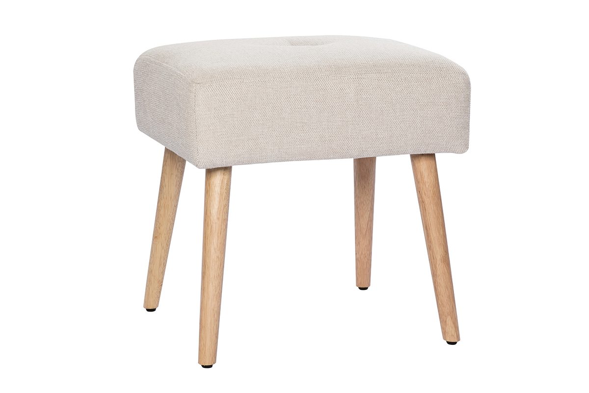 Tabouret bas en tissu effet velours textur� beige et bois clair massif H46 cm GUESTA