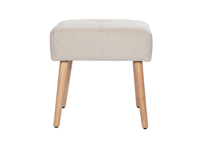 Tabouret bas en tissu effet velours textur&eacute; beige et bois clair massif H46 cm GUESTA