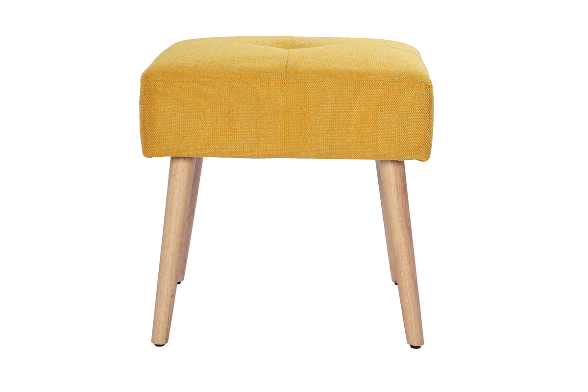 Tabouret bas en tissu effet velours textur� jaune moutarde et bois clair massif H46 cm GUESTA