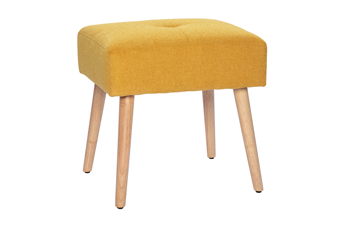 Tabouret bas en tissu effet velours textur� jaune moutarde et bois clair massif H46 cm GUESTA