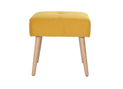 Tabouret bas en tissu effet velours textur&eacute; jaune moutarde et bois clair massif H46 cm GUESTA