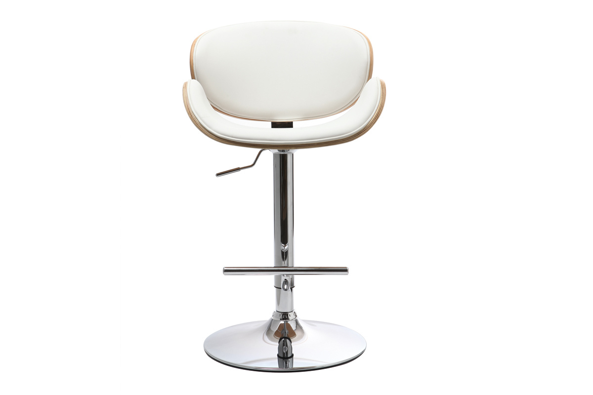 Tabouret de bar design blanc et bois clair, vue de face.