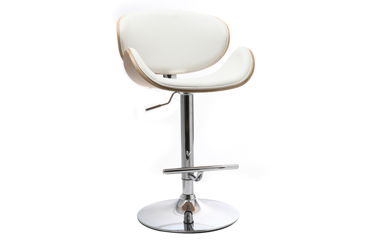 Tabouret de bar design blanc et bois clair avec pied en acier chrom�, vue de 3/4.