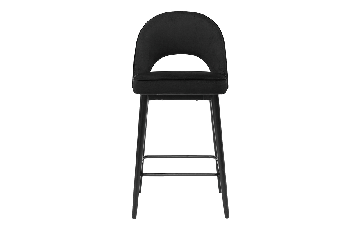Tabouret de bar noir en velours et m�tal, vue de face.