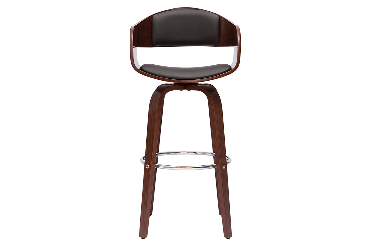 Tabouret de bar noir et bois fonc� avec repose-pieds en m�tal, vue de face.