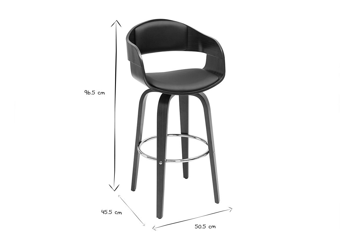 Dimensions du tabouret de bar pivotant noir et noyer H67.5 cm, vue de profil, en noir et blanc.