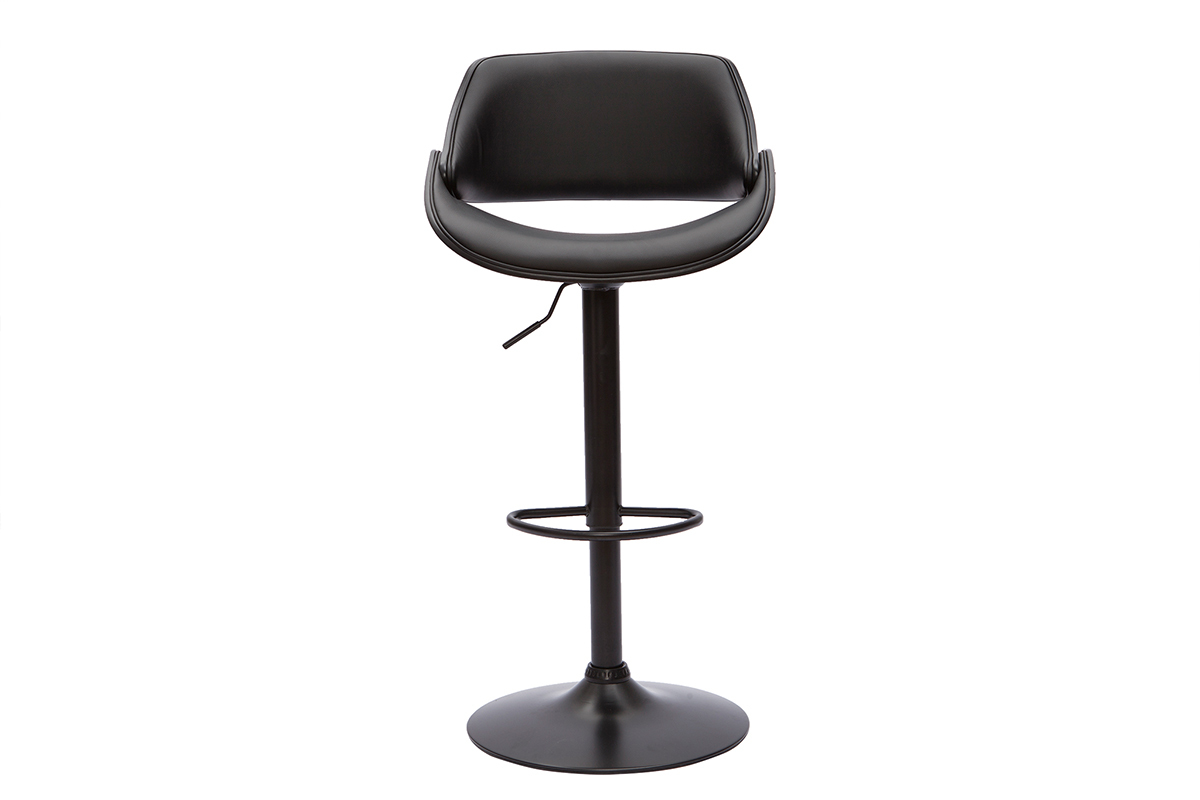 Tabouret de bar noir design vue de face, r�glable et pivotant, avec dossier et repose-pied.