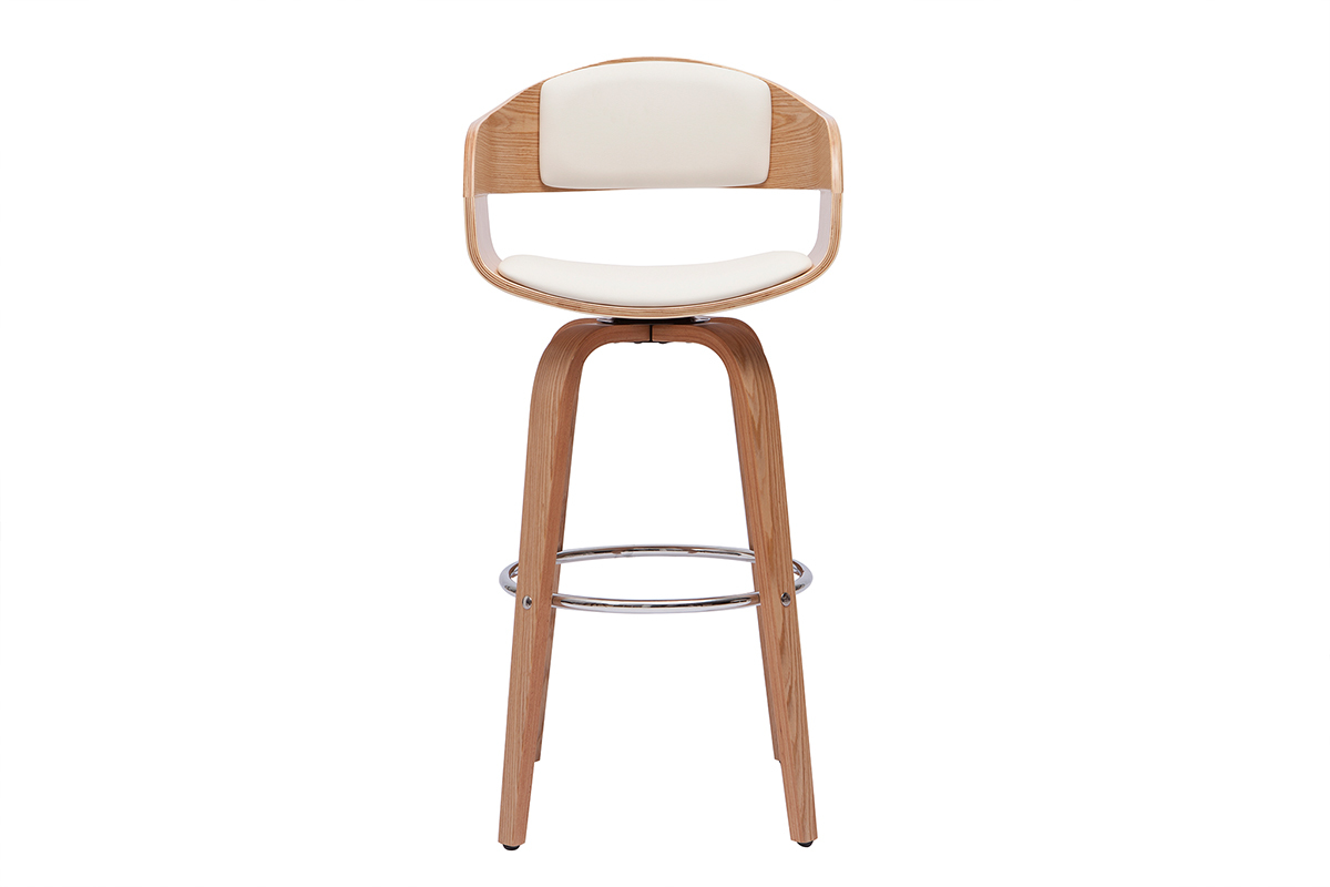 Tabouret de bar pivotant blanc et bois clair avec repose-pieds, vue de face.