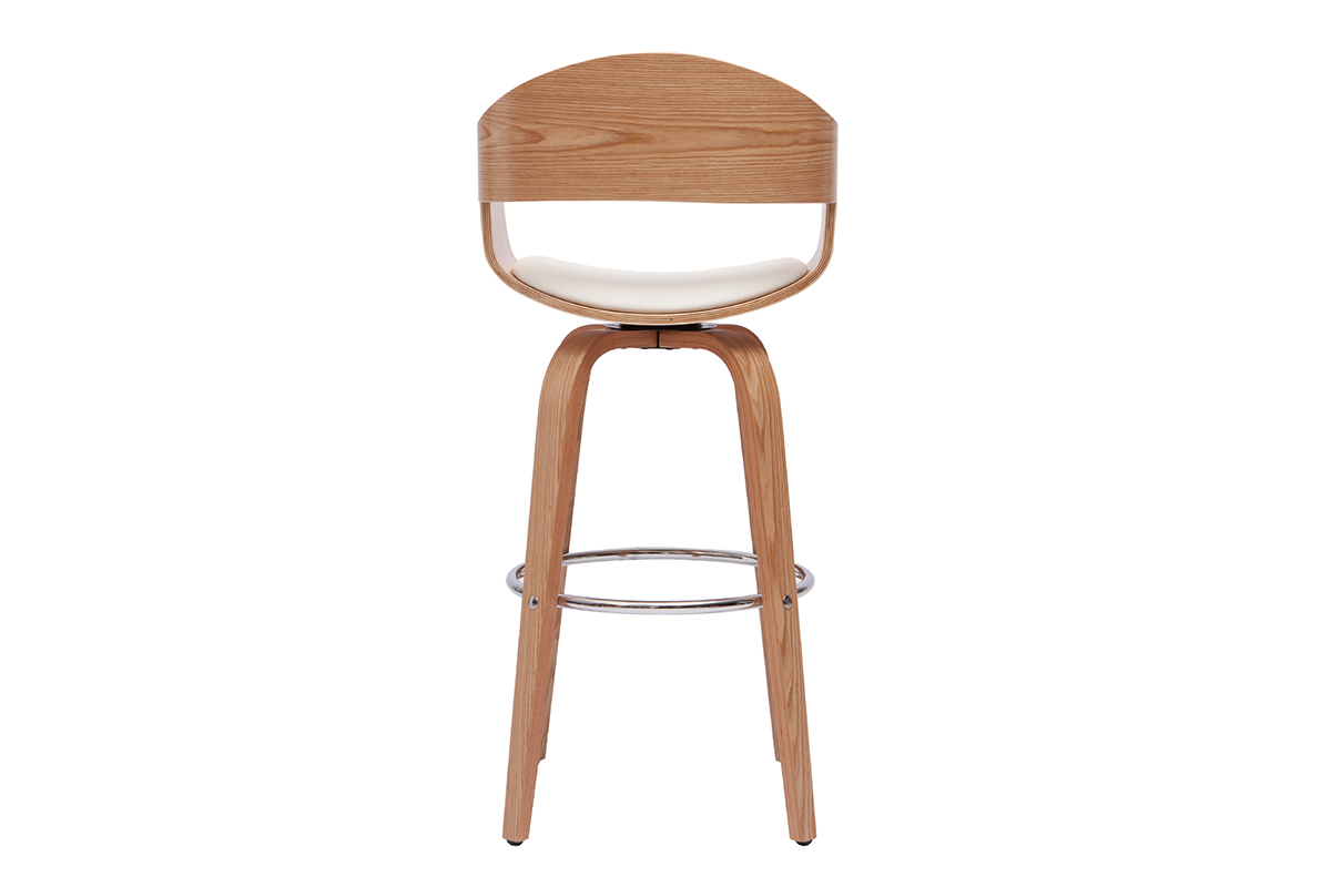 Tabouret de bar pivotant blanc et bois clair, vue de dos.