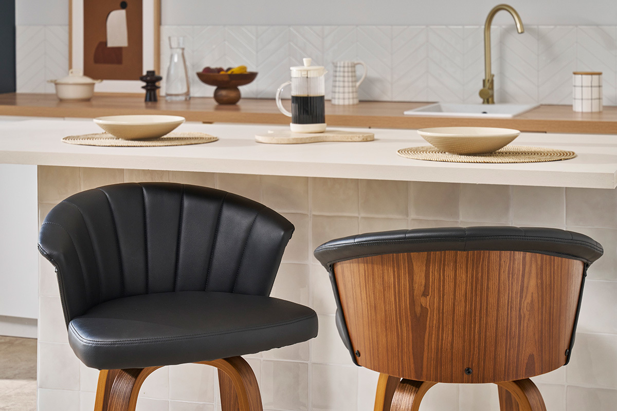 Tabouret de bar design pivotant noir et bois fonc� H65cm ALBIN