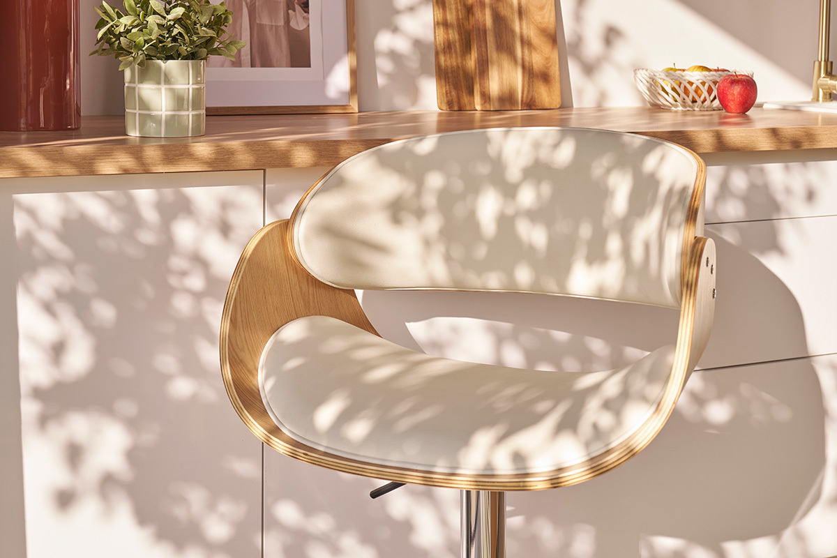 Tabouret de bar design r�glable blanc et bois clair BENT