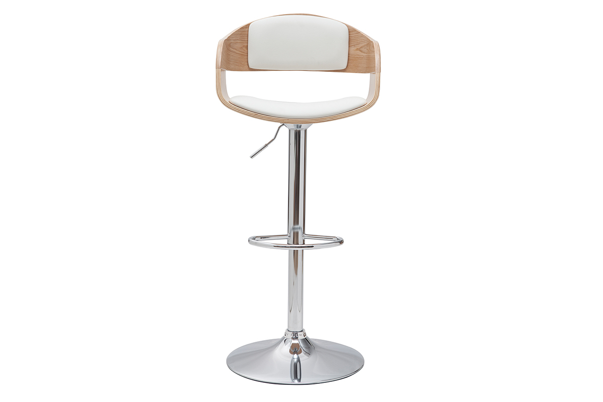 Tabouret de bar design r�glable blanc et bois clair EUSTACHE