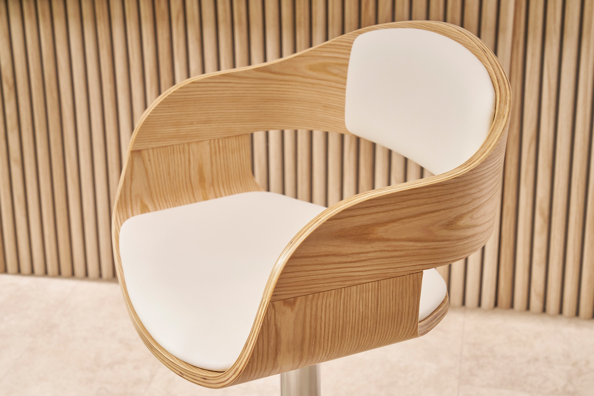 Tabouret de bar design r�glable blanc et bois clair EUSTACHE