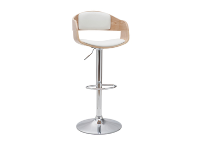 Tabouret de bar design r&eacute;glable blanc et bois clair EUSTACHE