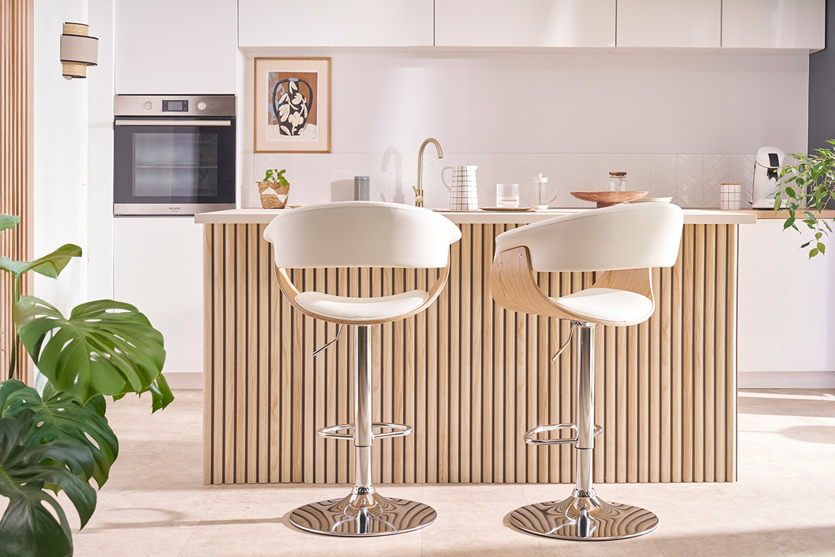 Tabouret de bar design r�glable blanc et bois clair OKTAV