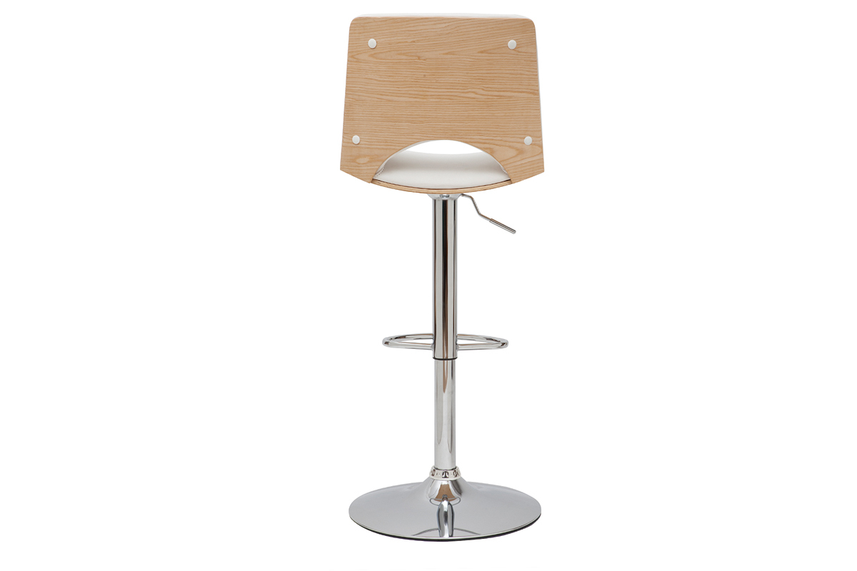 Tabouret de bar blanc et bois clair PANACH, r�glable, vue de dos.