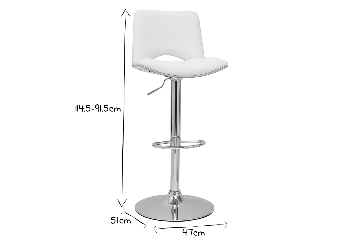 Dimensions du tabouret de bar PANACH, 114,5-91,5 cm hauteur, 51 cm profondeur, 47 cm largeur, en noir et blanc.