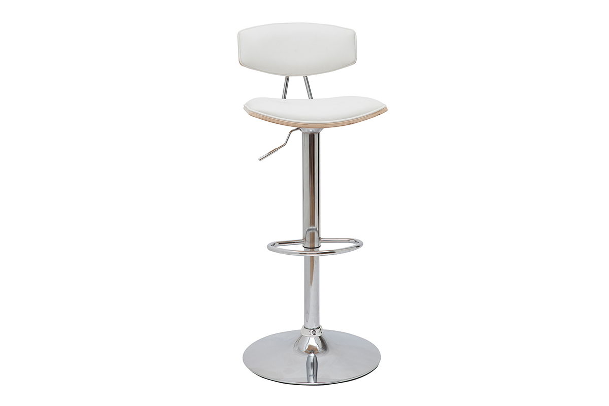 Tabouret de bar blanc et bois clair, assise r�glable, vue de 3/4.