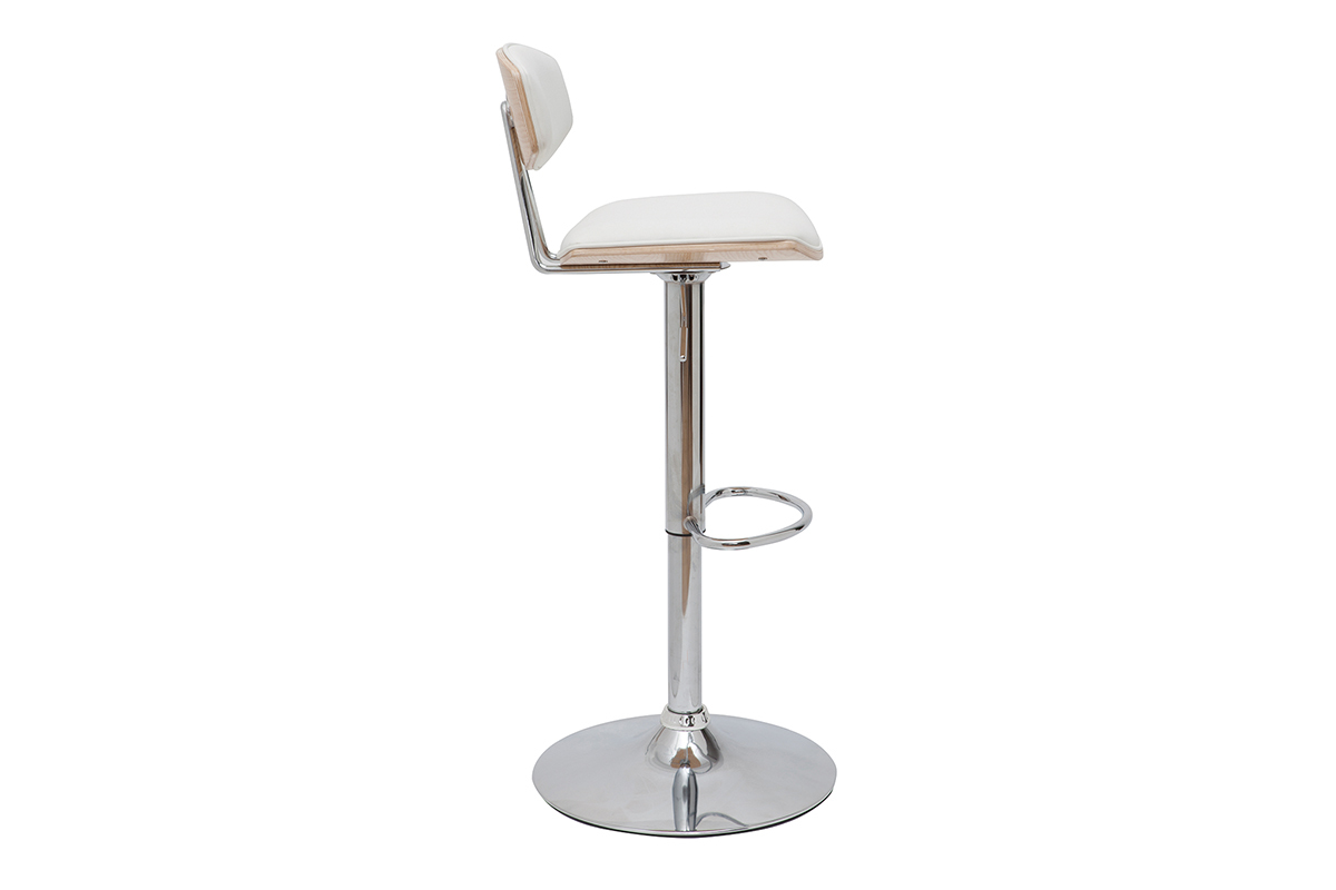 Tabouret de bar VASCO blanc et bois clair, vue de profil.