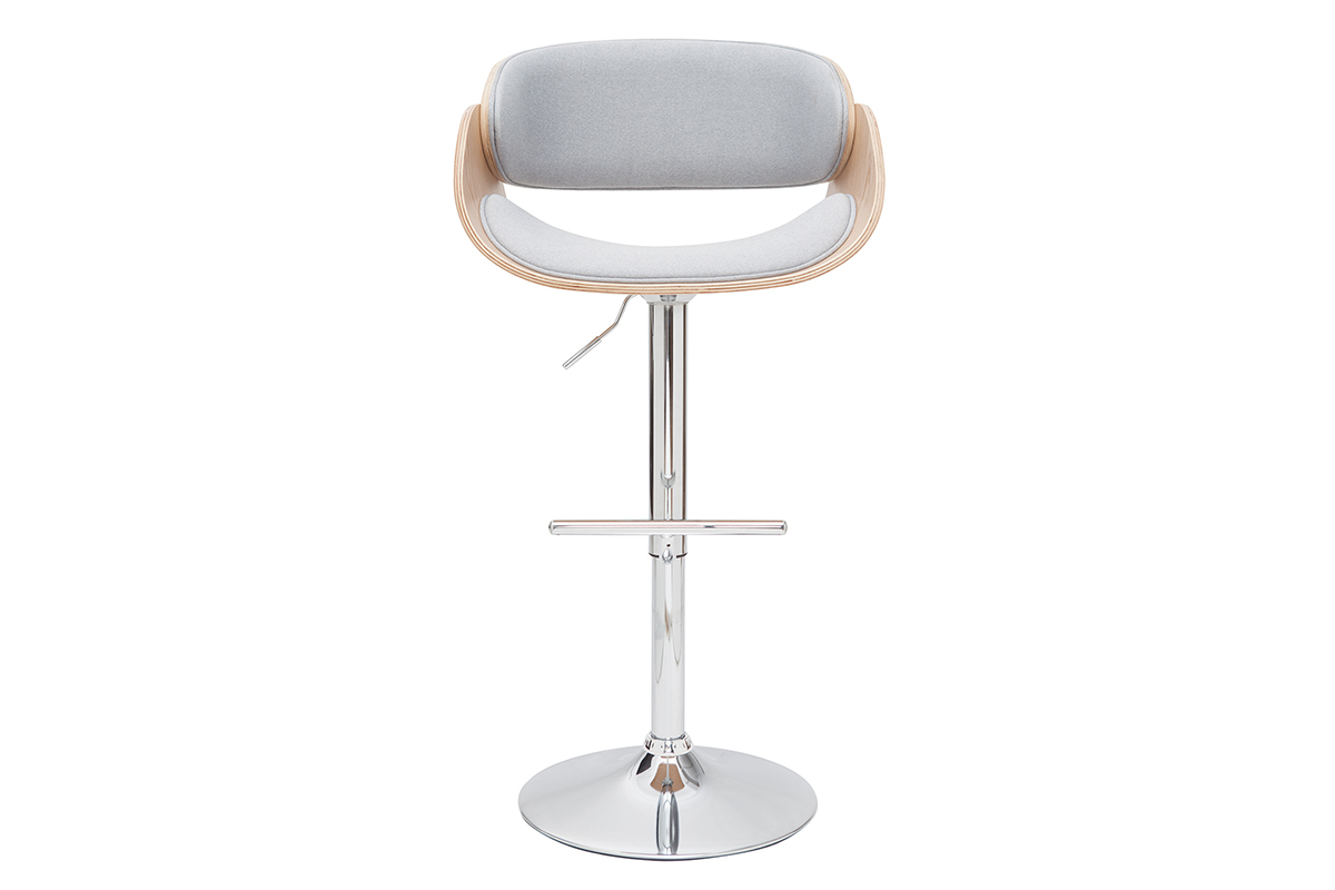 Tabouret de bar design r�glable en tissu gris clair et bois clair BENT