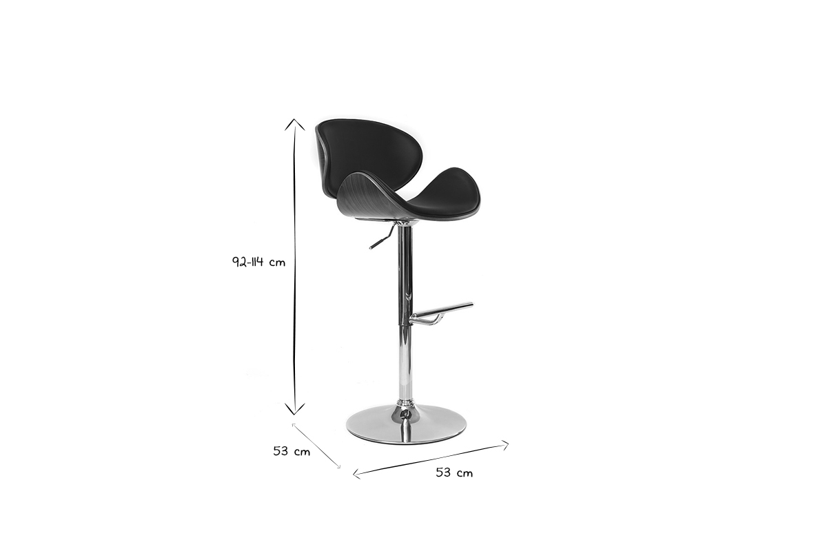 Dimensions du tabouret de bar r�glable, noir et blanc, hauteur 92-114 cm, diam�tre base 53 cm.