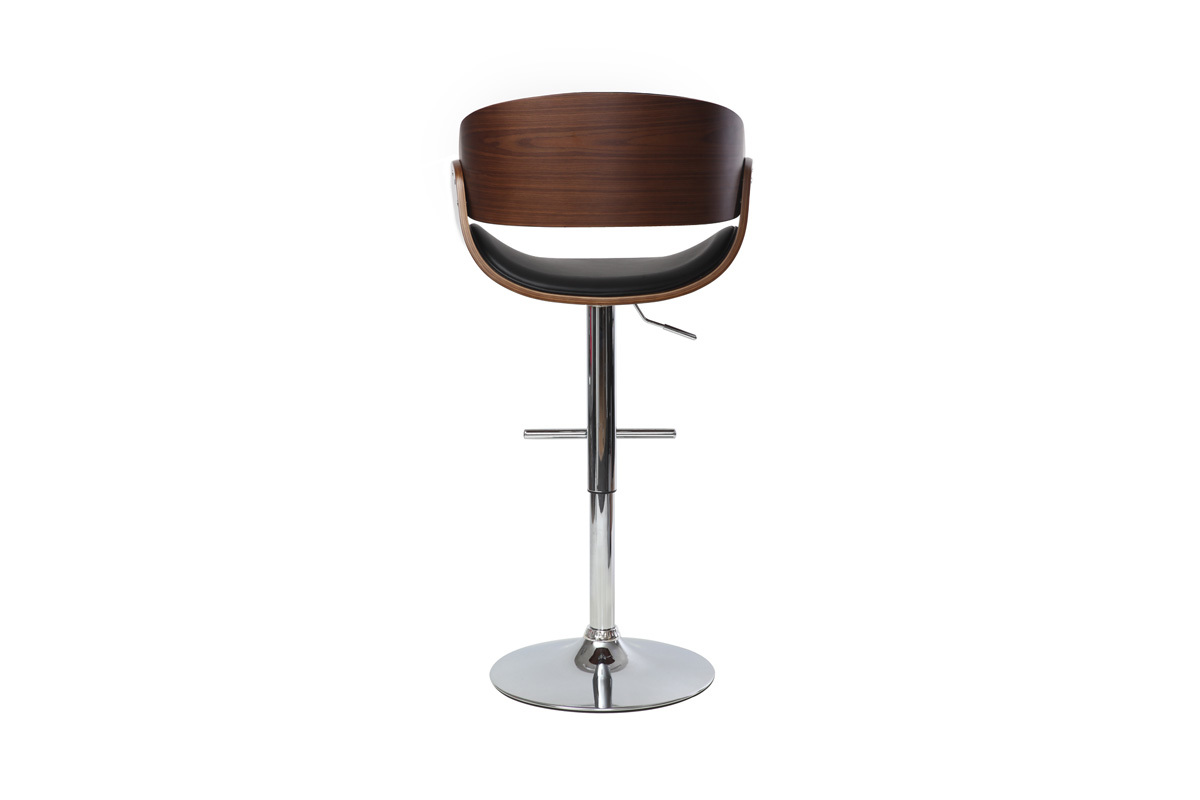 Tabouret de bar r�glable noir et bois fonc� BENT, vue de dos, avec structure en m�tal chrom�.