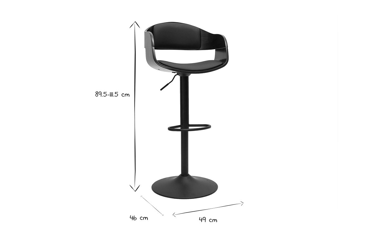 Tabouret de bar design r�glable noir et bois fonc� EUSTACHE