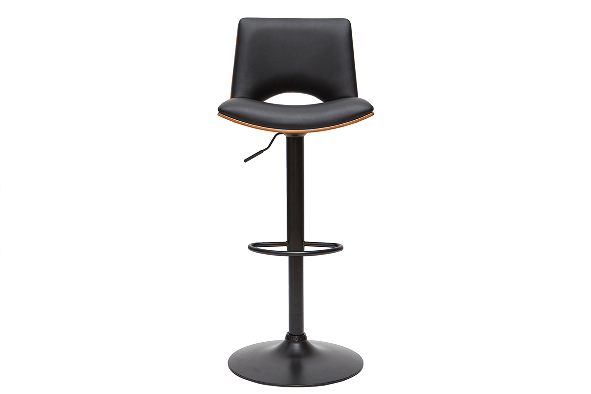 Tabouret de bar noir avec assise rembourr�e et pied r�glable en m�tal, vue de face.