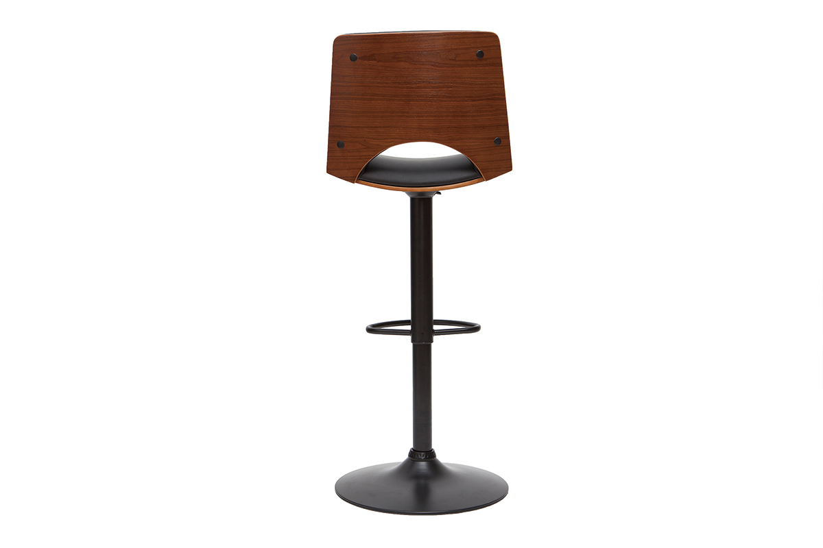 Tabouret de bar PANACH, bois fonc� et polyur�thane noir, pied central noir, vue de dos.