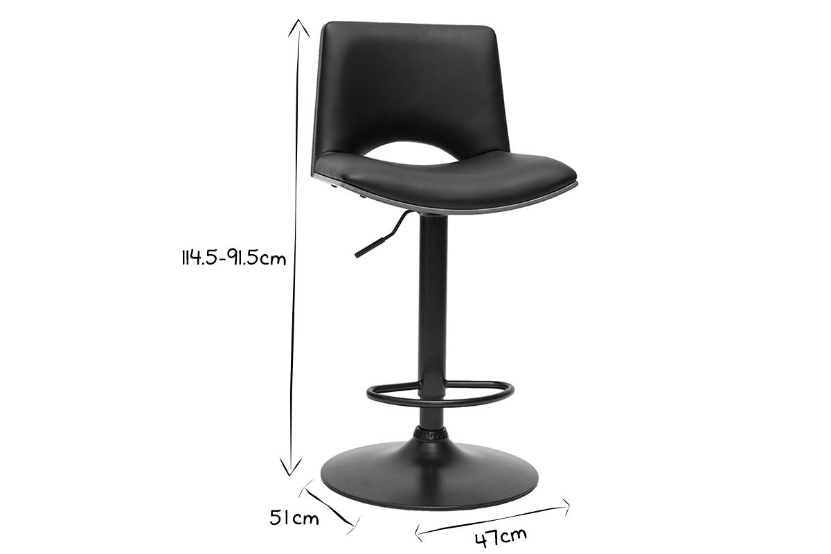 Tabouret de bar PANACH avec dimensions 114.5-91.5cm de hauteur, 51cm de profondeur et 47cm de largeur, en noir et blanc.