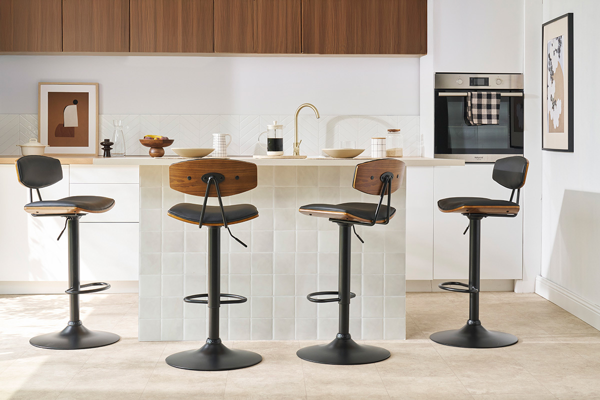 Tabouret de bar design r�glable noir et bois fonc� VASCO