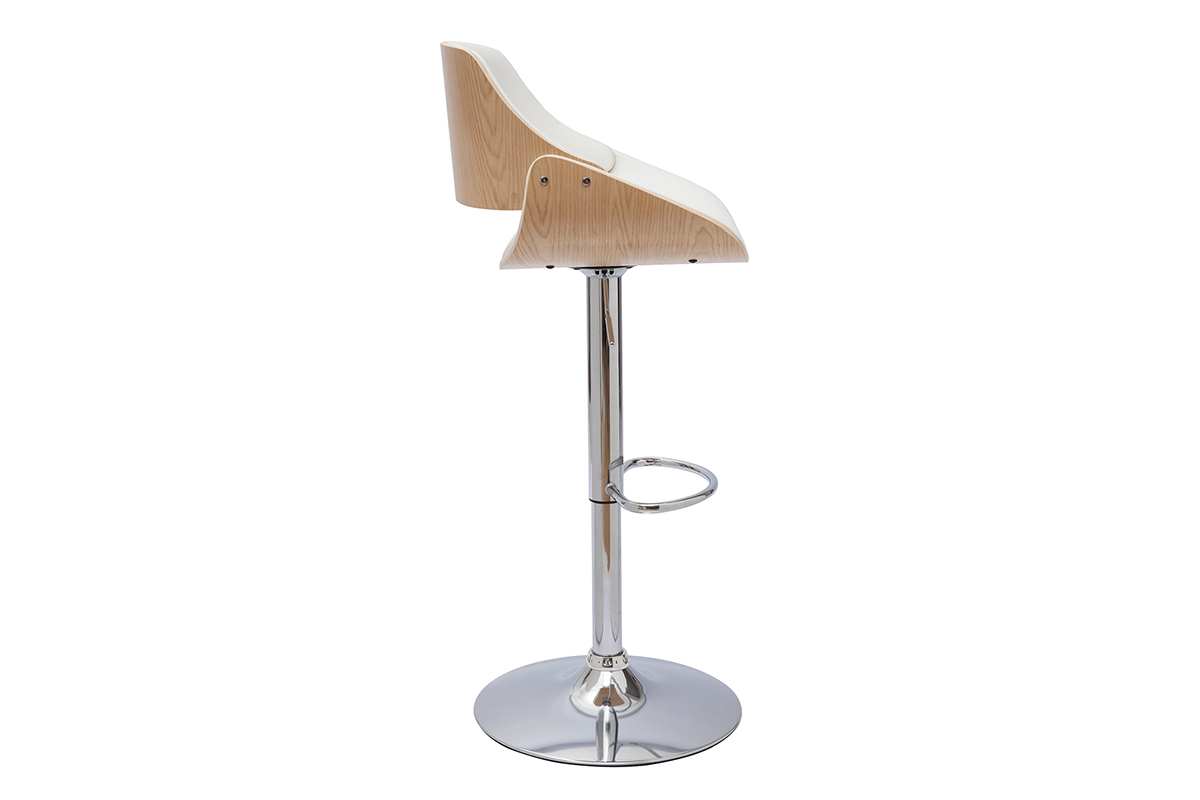 Tabouret de bar CLASH, blanc et bois clair, vue de profil.