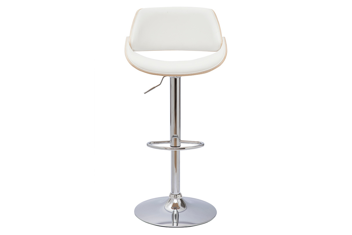 Tabouret de bar blanc pivotant 360�, r�glable, bois clair et m�tal, vue de face.