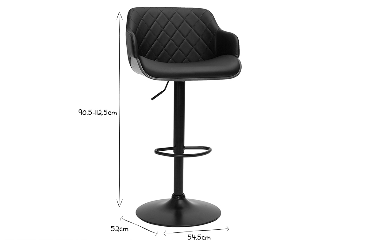 Dimensions du tabouret de bar LUCIEN : hauteur 90.5-112.5 cm, largeur 54.5 cm, profondeur 52 cm en noir et blanc.