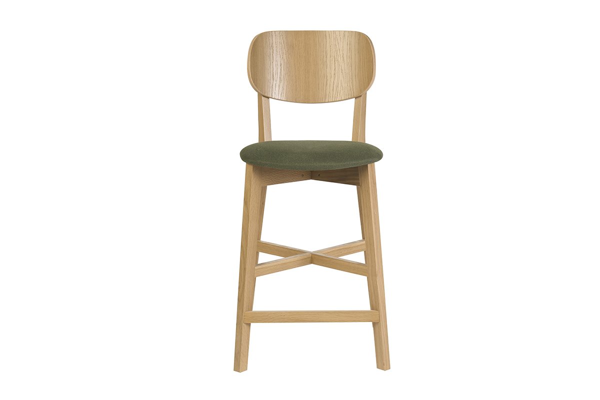 Tabouret de bar en bois clair et tissu vert kaki, vue de face, hauteur 65 cm, style moderne.