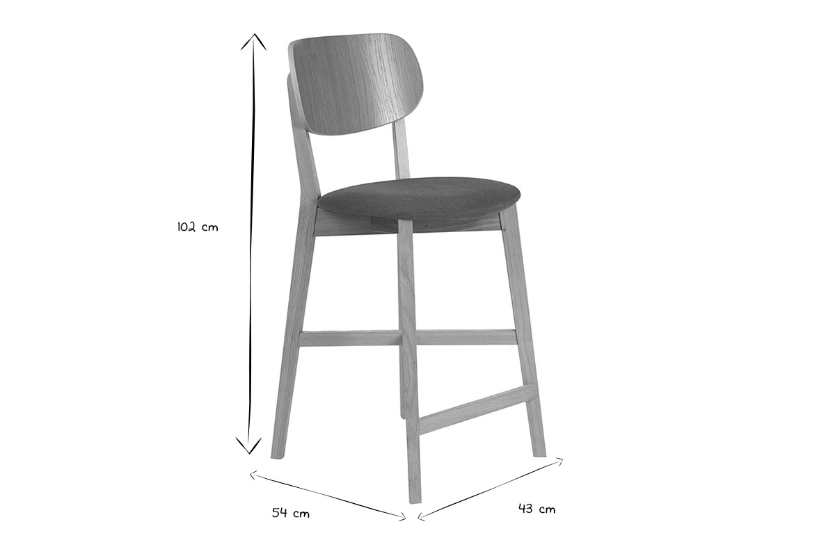 Dimensions du tabouret de bar LUCIA en noir et blanc, hauteur 102 cm, largeur 54 cm, profondeur 43 cm.