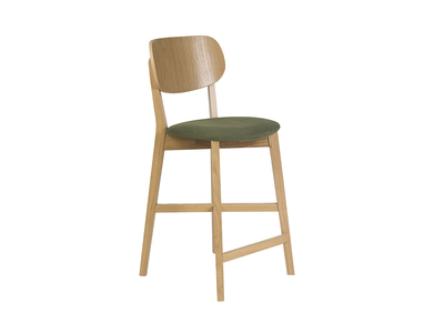 Tabouret de bar en bois clair ch&ecirc;ne et tissu effet velours textur&eacute; vert kaki H65 cm LUCIA