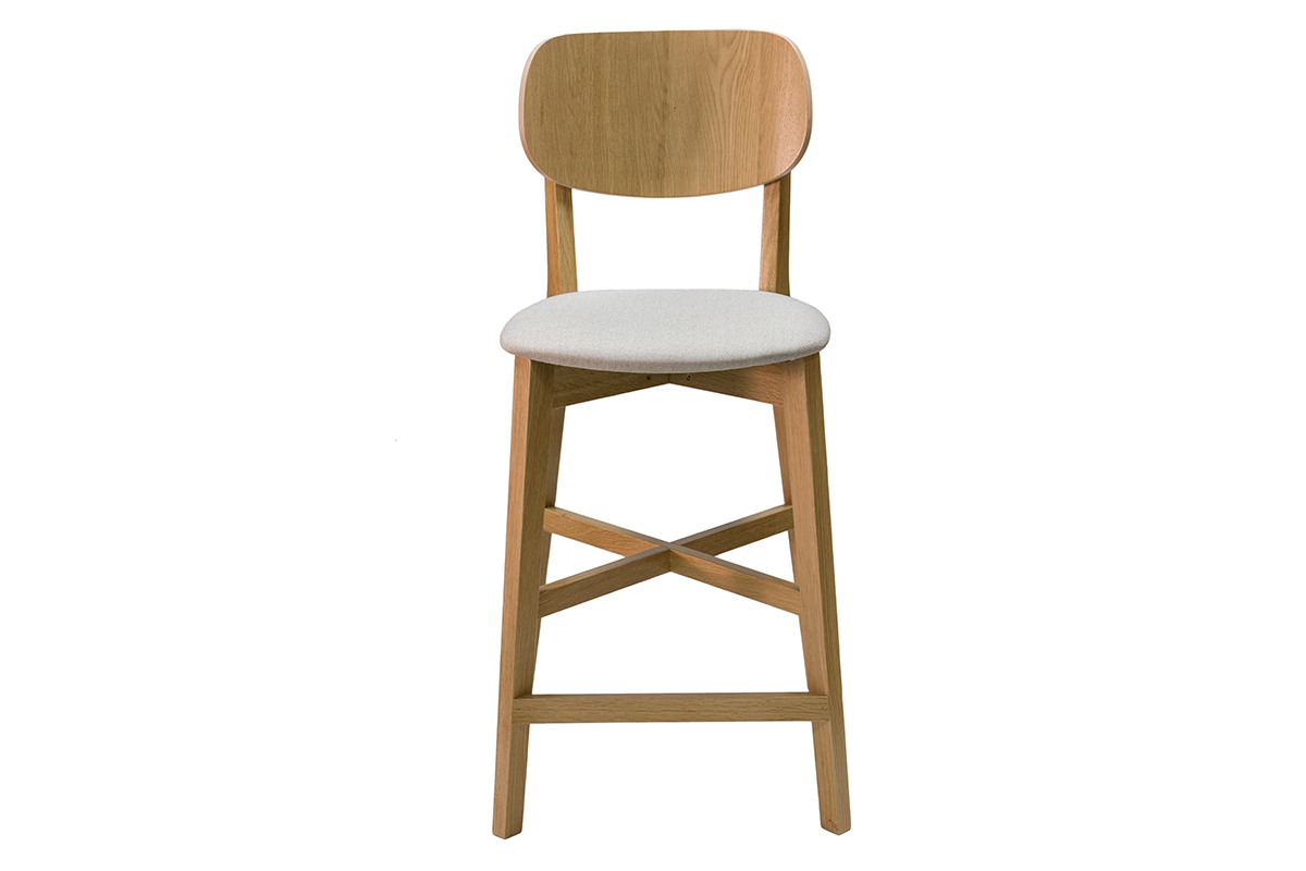 Tabouret de bar en bois clair ch�ne massif et tissu beige H65 cm LUCIA