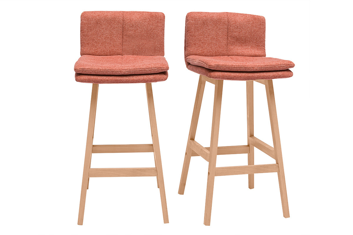 Tabouret de bar en tissu effet velours textur� terracotta et bois (lot de 2) JOAN